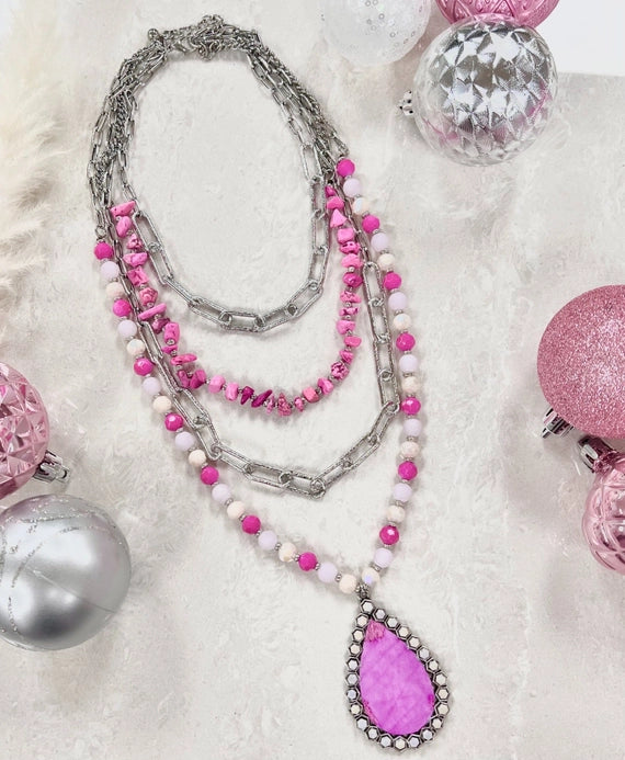 Pink Three Strand Silver Necklace