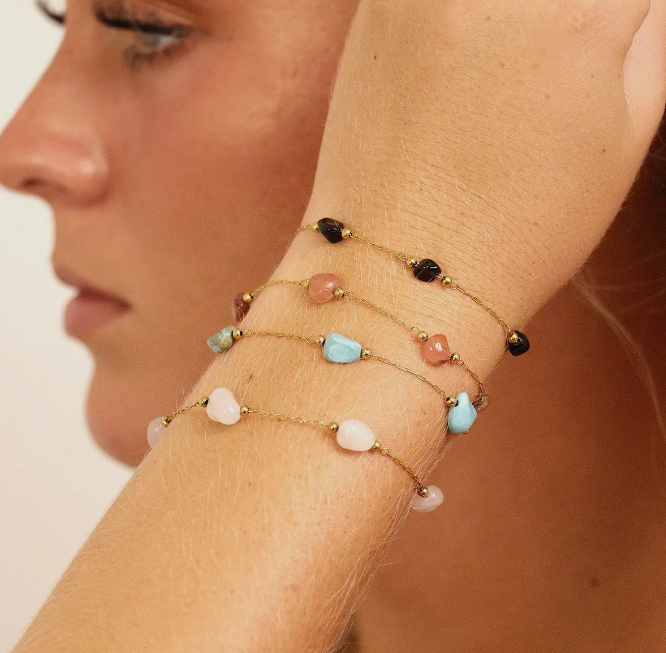 18K Gold Pvd Stainless Steel W/ Beaded Stone Chain