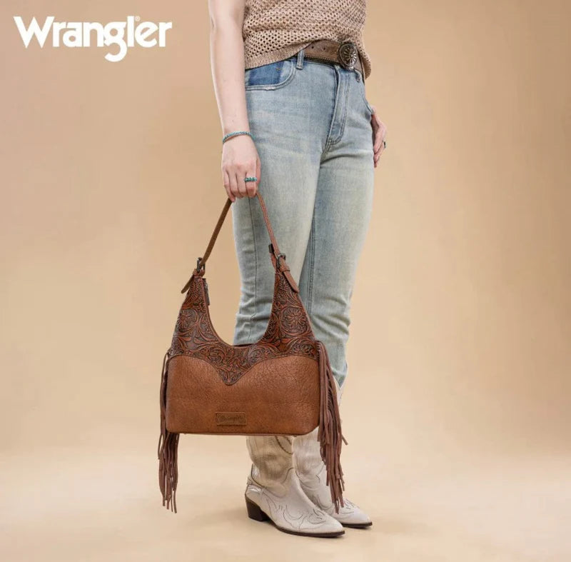 Wrangler Fringe Floral Tooled Hobo Bag