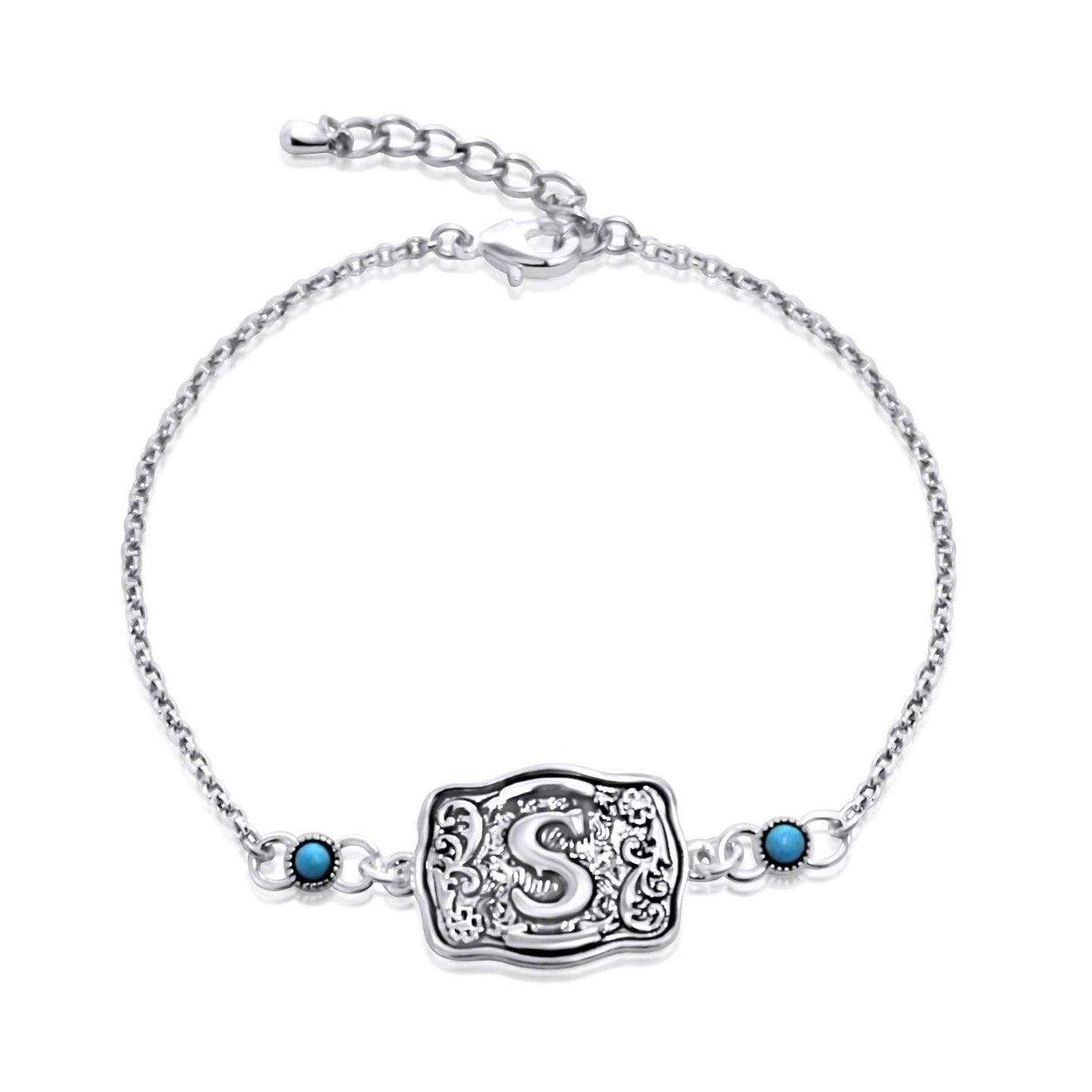 Sterling Silver Western Belt Buckle Initial Bracelet with Genuine Kingman Turquoise