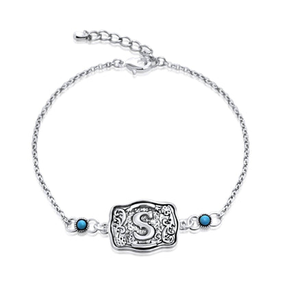 Sterling Silver Western Belt Buckle Initial Bracelet with Genuine Kingman Turquoise