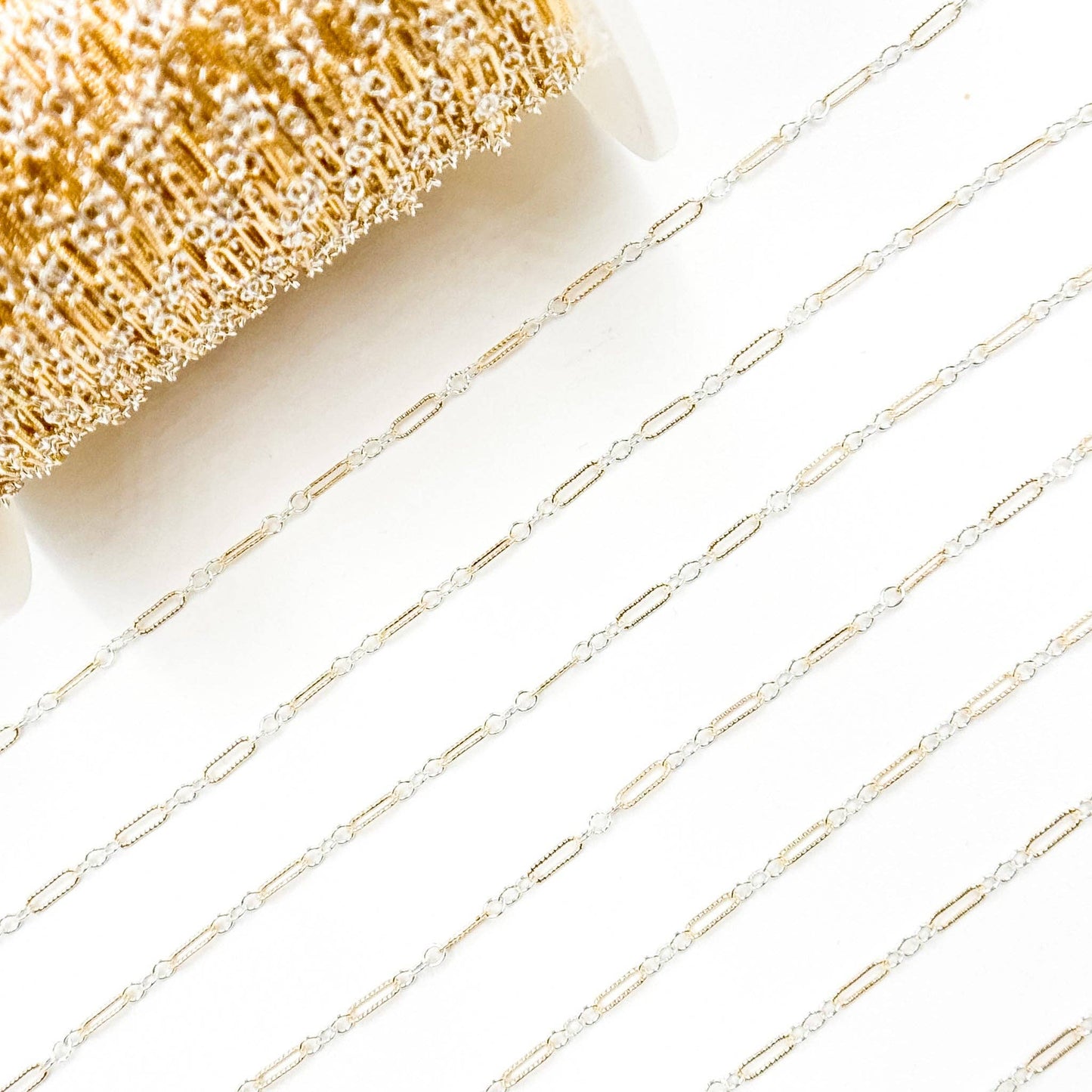 XM/1003K. 14K Gold Filled and Sterling Silver Knurled Link Chain – Long & Short Pattern