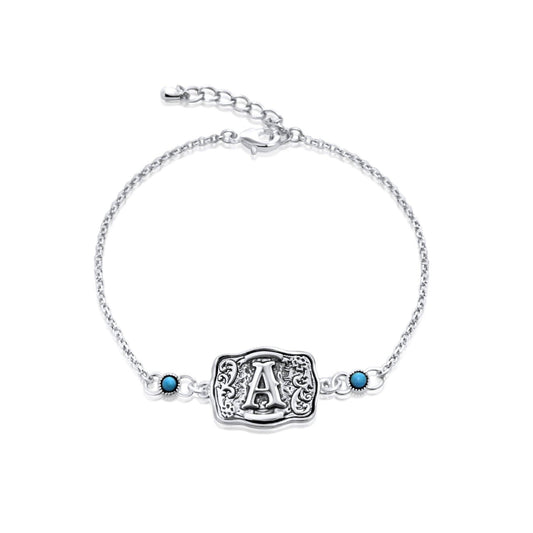 Sterling Silver Western Belt Buckle Initial Bracelet with Genuine Kingman Turquoise