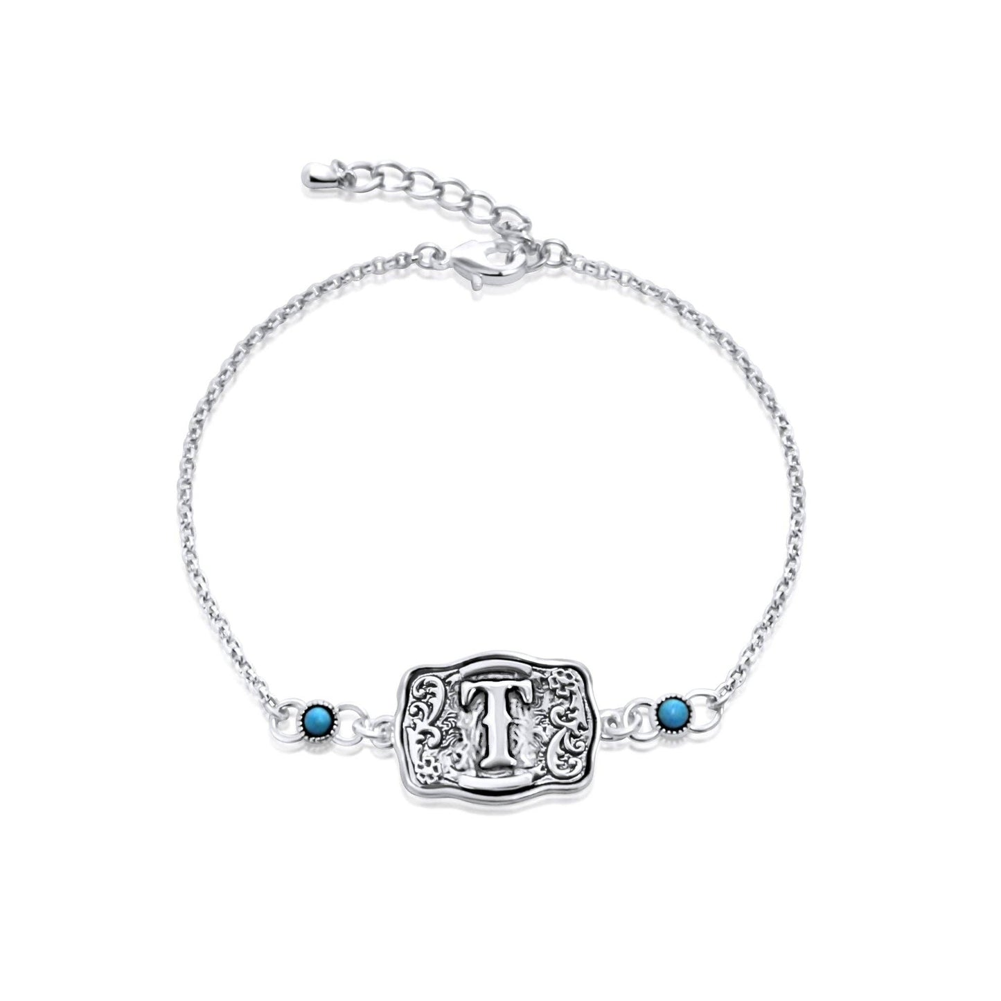Sterling Silver Western Belt Buckle Initial Bracelet with Genuine Kingman Turquoise