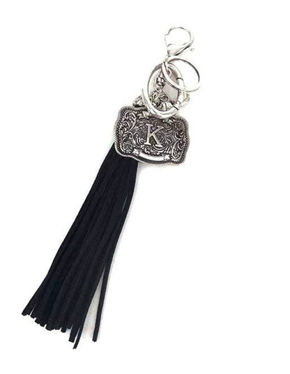 Western Belt Buckle Initial Black Tassel Keychain