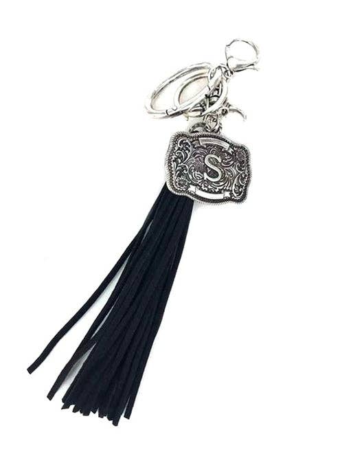 Western Belt Buckle Initial Black Tassel Keychain