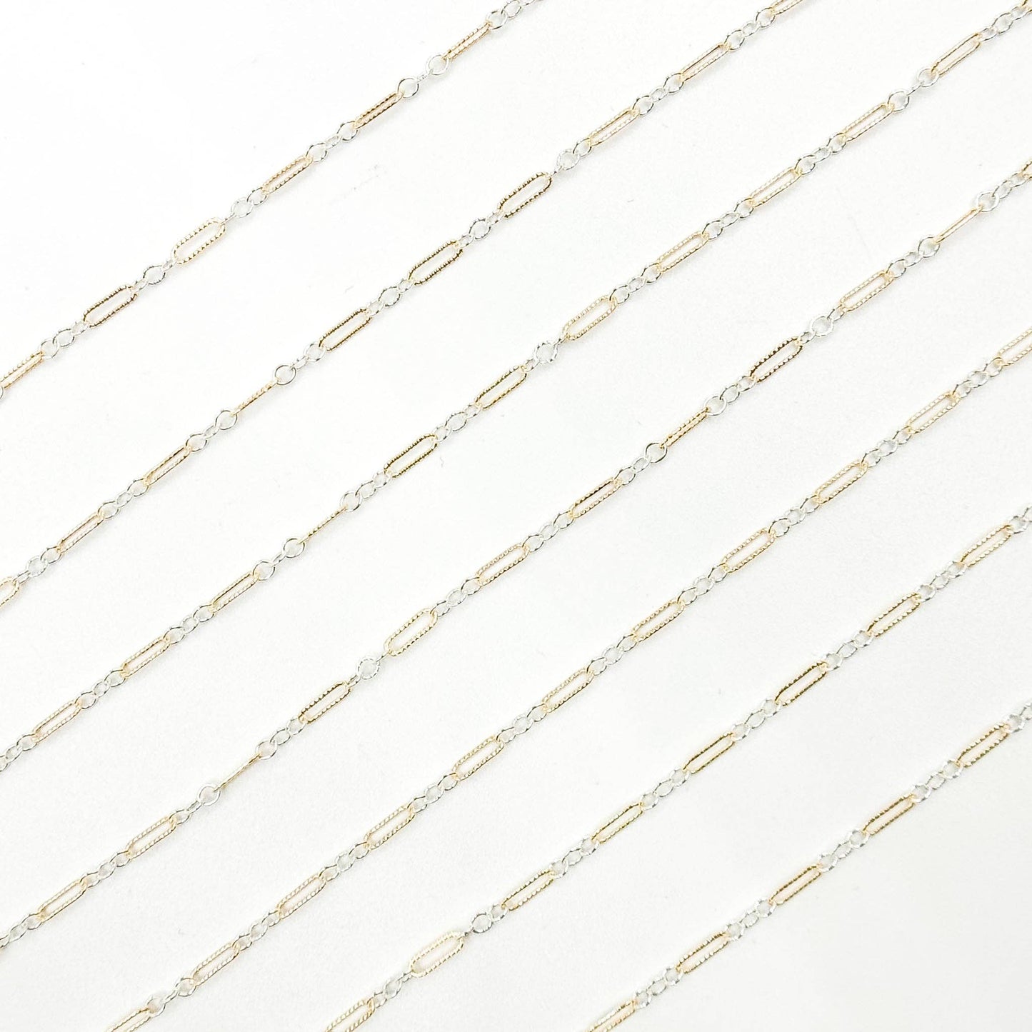 XM/1003K. 14K Gold Filled and Sterling Silver Knurled Link Chain – Long & Short Pattern
