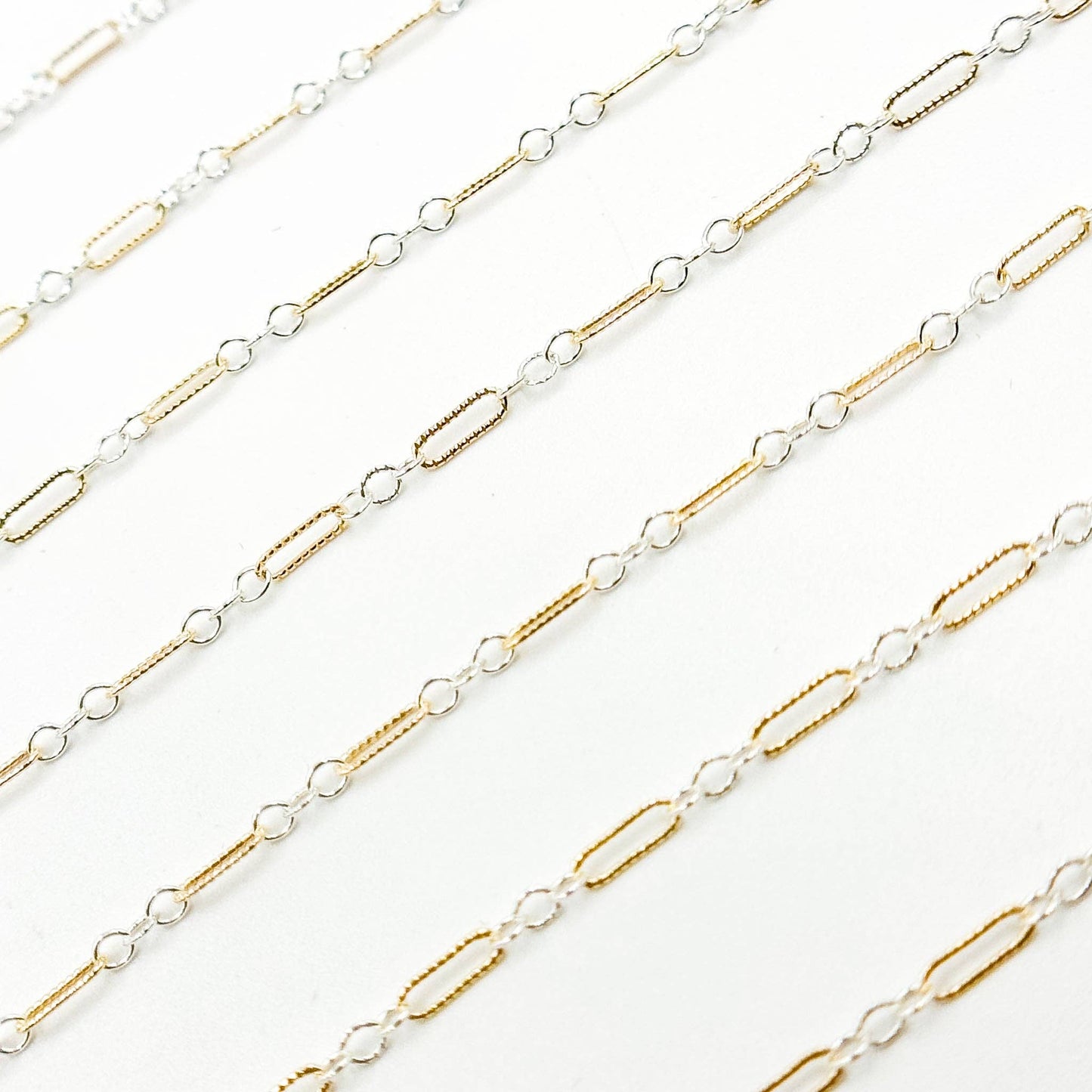 XM/1003K. 14K Gold Filled and Sterling Silver Knurled Link Chain – Long & Short Pattern