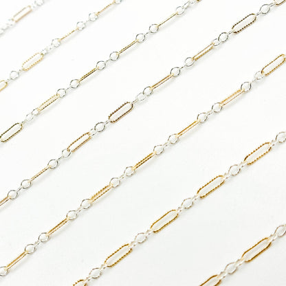 XM/1003K. 14K Gold Filled and Sterling Silver Knurled Link Chain – Long & Short Pattern