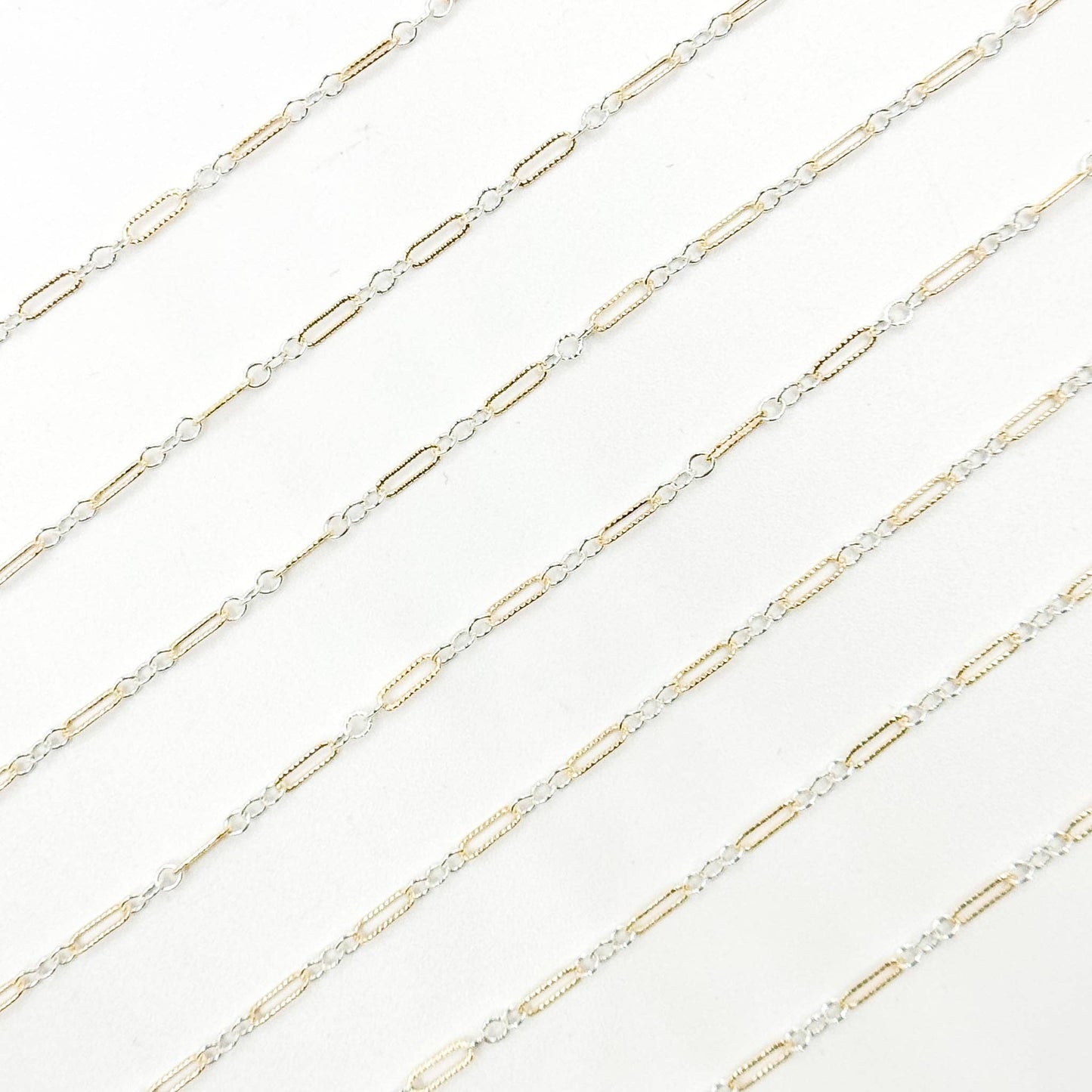 XM/1003K. 14K Gold Filled and Sterling Silver Knurled Link Chain – Long & Short Pattern