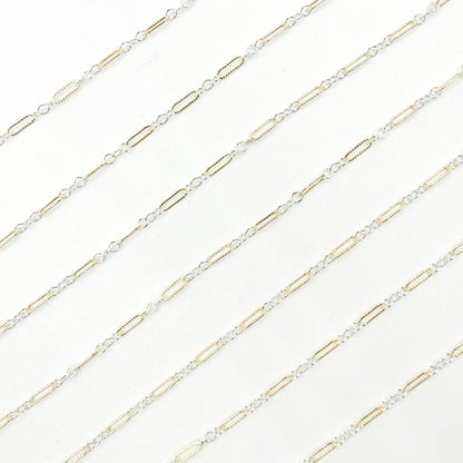 XM/1003K. 14K Gold Filled and Sterling Silver Knurled Link Chain – Long & Short Pattern