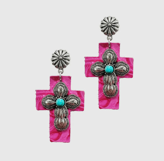 Silver Cross Earrings With Pink Leather Backing