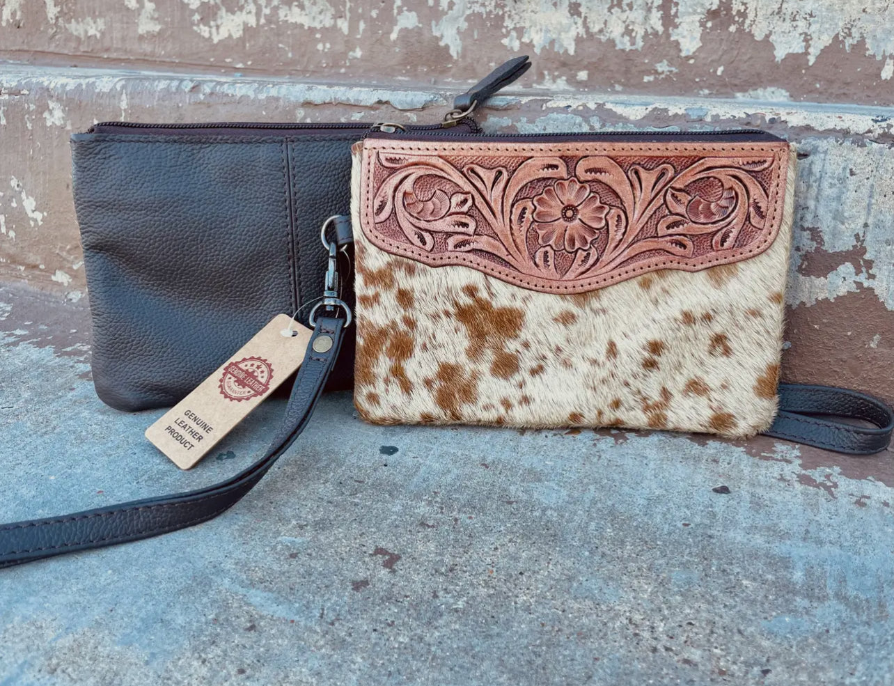 Tooled Cowhide Wristlet Pouch