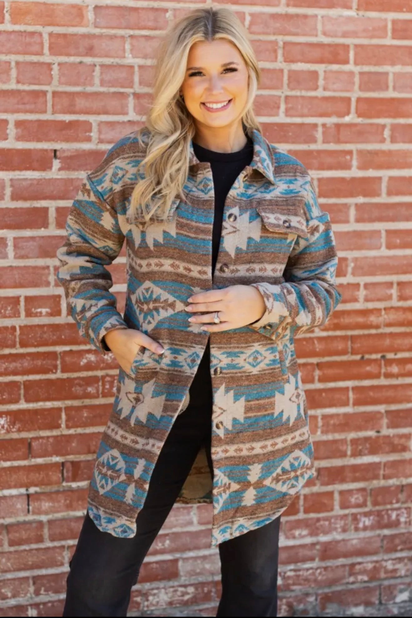 Long Teal Aztec Print Jacket