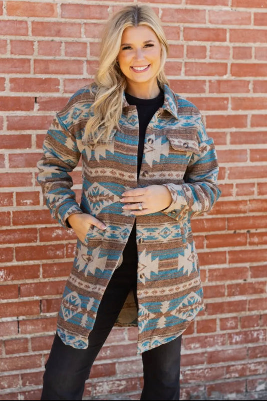 Long Teal Aztec Print Jacket