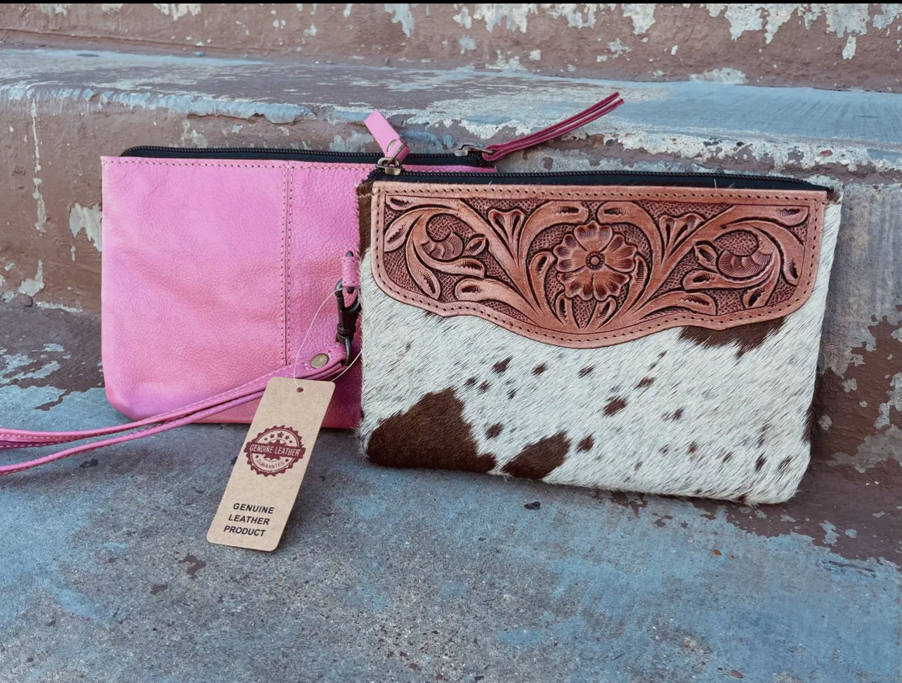 Tooled Cowhide Wristlet Pouch