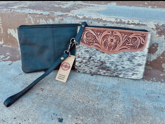 Tooled Cowhide Wristlet Pouch