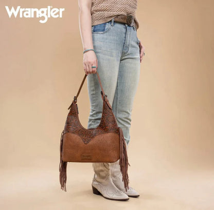 Wrangler Fringe Floral Tooled Hobo Bag
