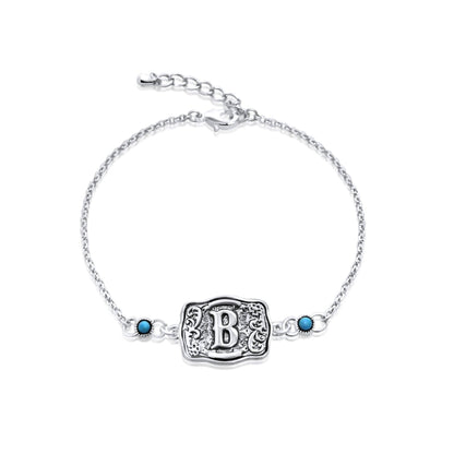 Sterling Silver Western Belt Buckle Initial Bracelet with Genuine Kingman Turquoise