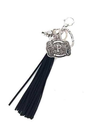 Western Belt Buckle Initial Black Tassel Keychain