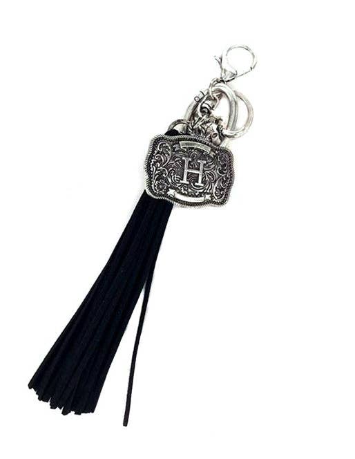 Western Belt Buckle Initial Black Tassel Keychain