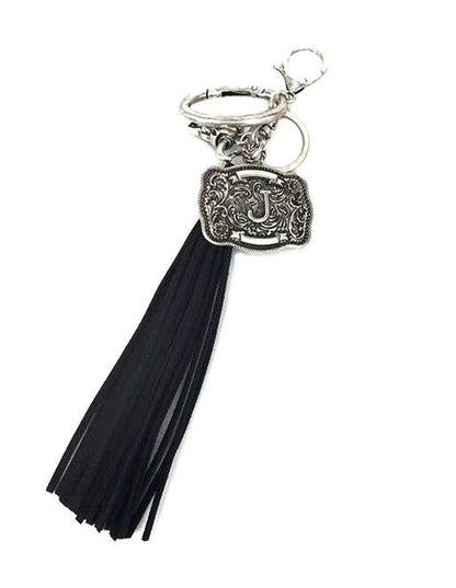 Western Belt Buckle Initial Black Tassel Keychain