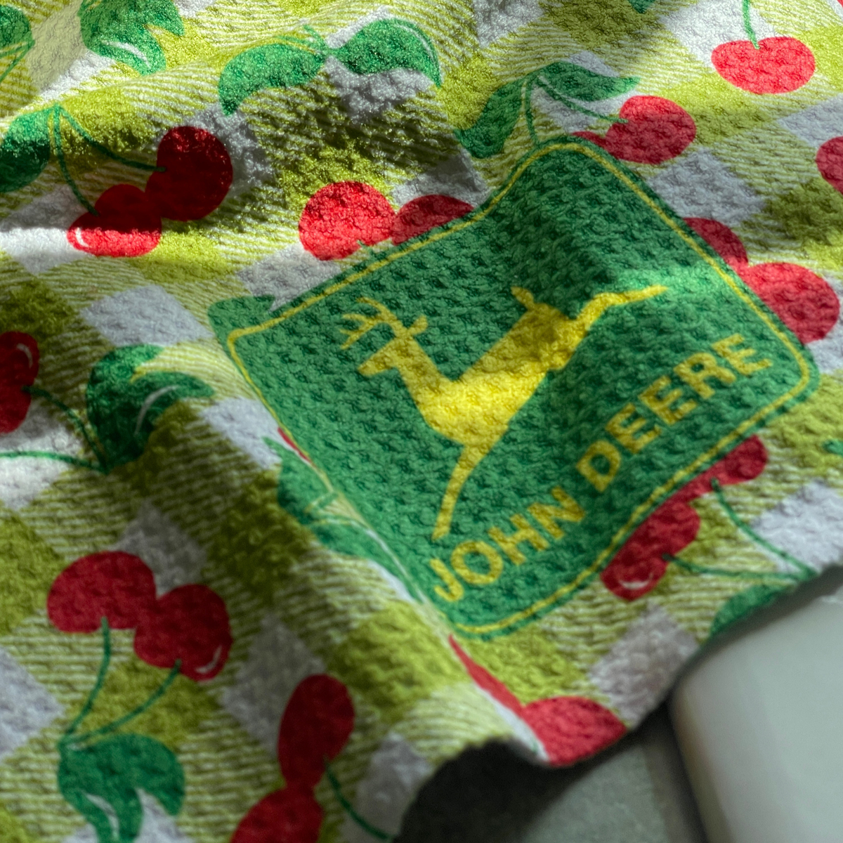 JOHN DEERE Gingham Cherries Tea Towel