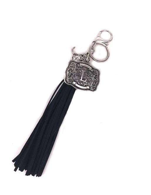 Western Belt Buckle Initial Black Tassel Keychain