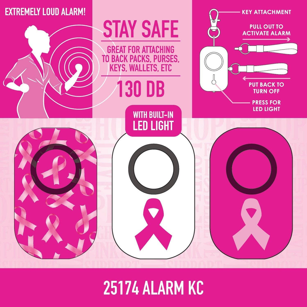 Panic Alarm Keychain Breast Cancer Awareness Pink- 3/Pack