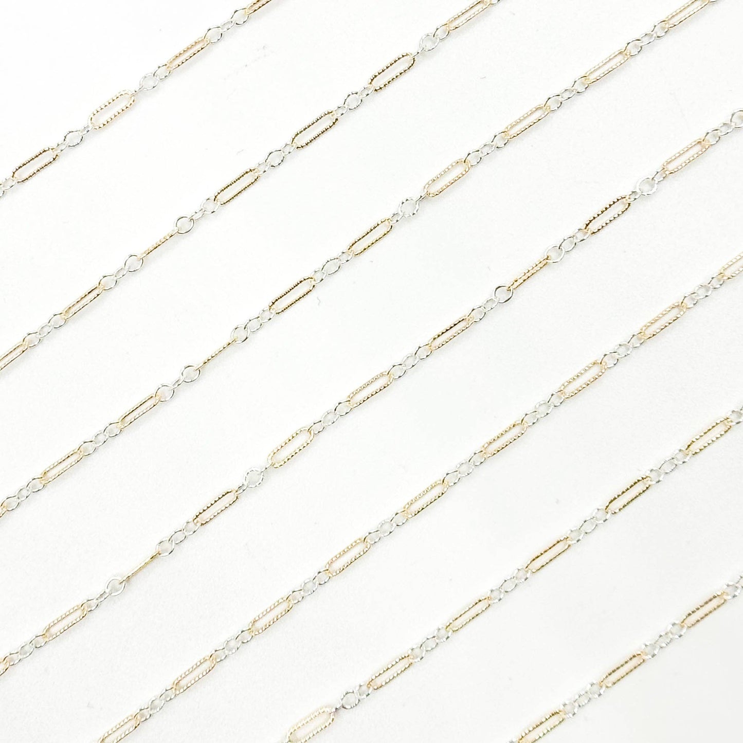 XM/1003K. 14K Gold Filled and Sterling Silver Knurled Link Chain – Long & Short Pattern