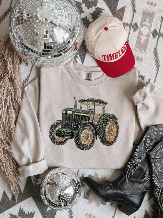 Faux Rhinestone Tractor Sweatshirt