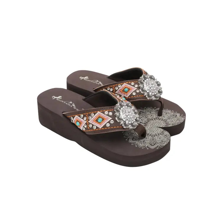 Floral Rhinestone Embroidered Wedge Western Flip-Flop