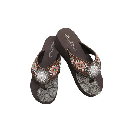 Floral Rhinestone Embroidered Wedge Western Flip-Flop